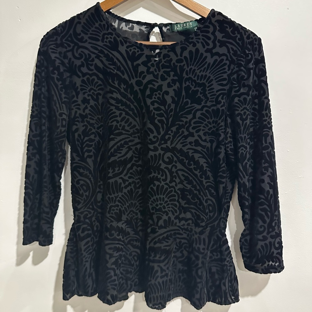 LAUREN RALPH LAUREN‎ Black Floral Burnout Velvet Peplum Long Sleeve Size M